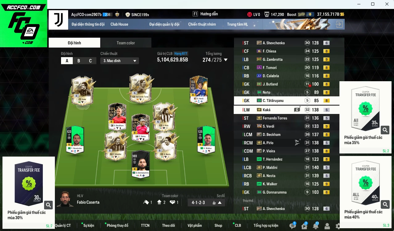 [Hạng 877, ACC Rẻ🔥] AC Milan 5.104.620b dư 37.000b có Kaká ITM+5, Maldini ITM+5, Nesta ITM+5, Torres ITM+5, Pirlo ITM+5, Beckham DC, Vieira DC, Sheva BDO+6, Zambrotta BTB+9, Verdi RTN+9... Đã đào tạo full nhiều cầu thủ, HLV Xịn